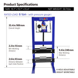 Steel H-Frame Hydraulic Garage/Shop Floor Press with Stamping Plates, with pressure gauge,6 Ton Capacity, Blue