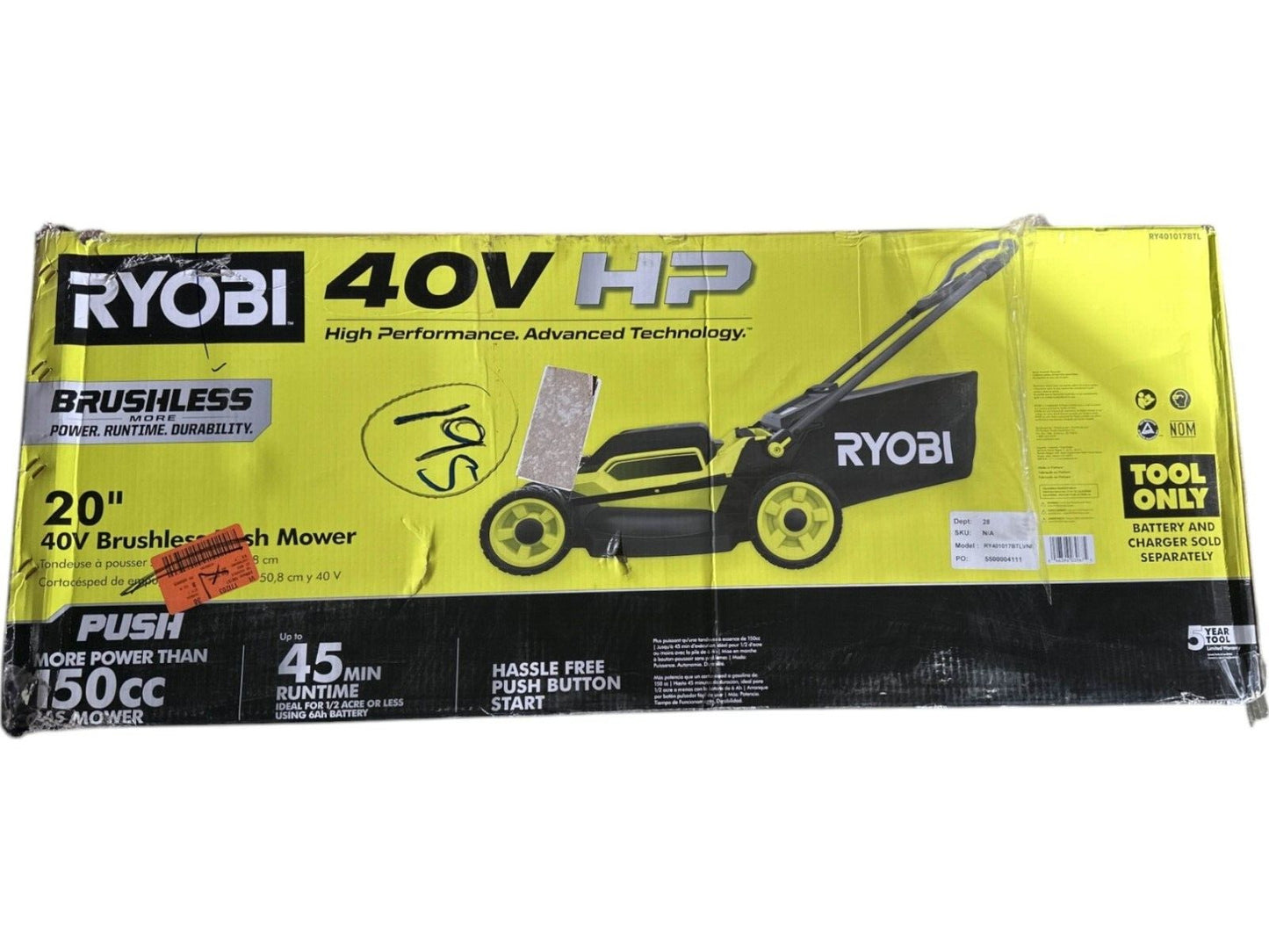 Ryobi RY401017 40V 20" Battery Brushless Push Mower - TOOL ONLY-READ-