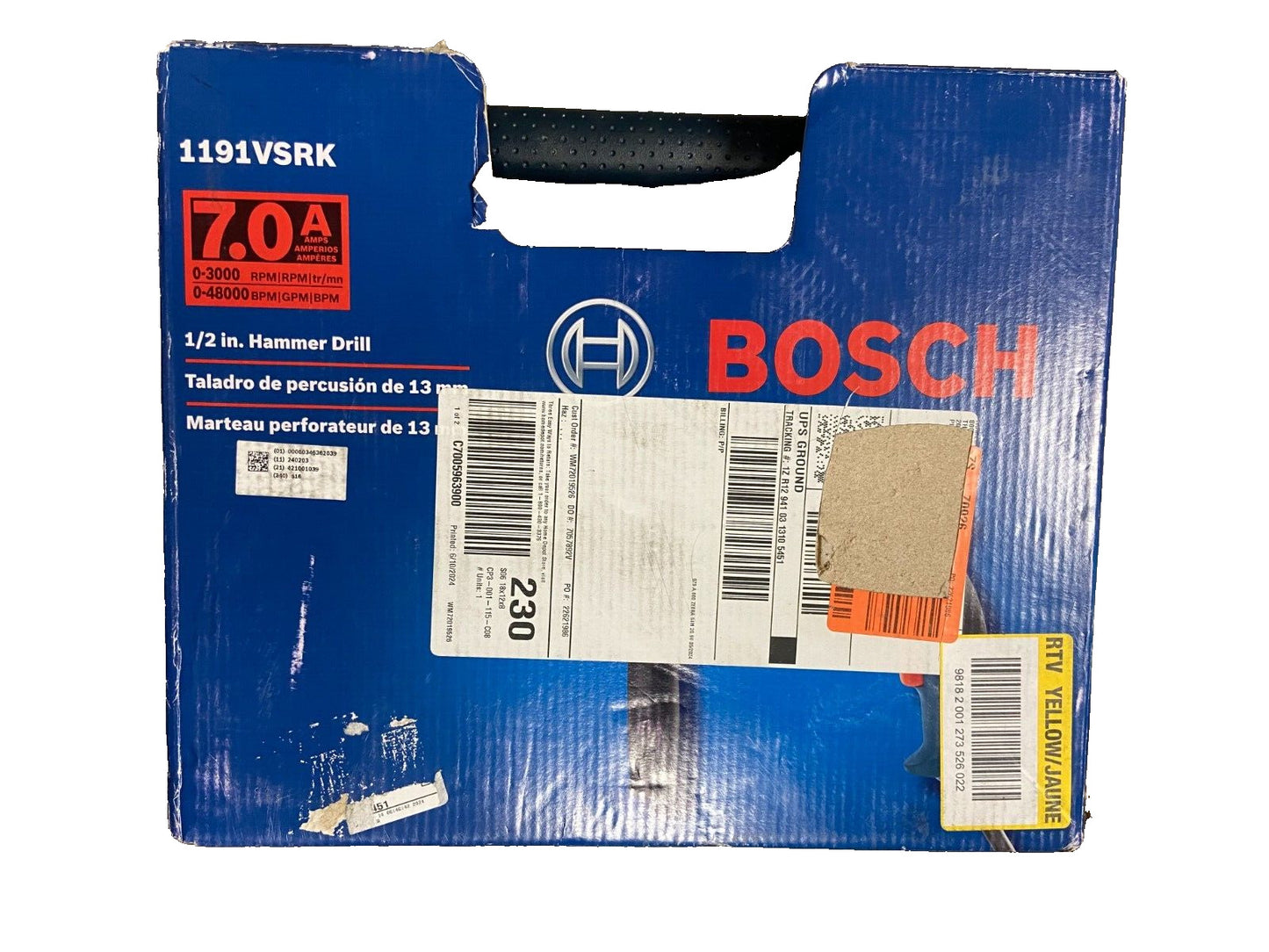 BOSCH 1191VSRK Hammer Drill Kit, 1/2", 7.0A, 0-48,000bpm (Corded)