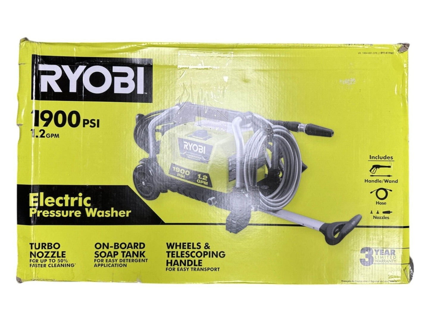 RYOBI 1900 PSI 1.2 GPM ELECTRIC PRESSURE WASHER RY1419MT -FOR PARTS-