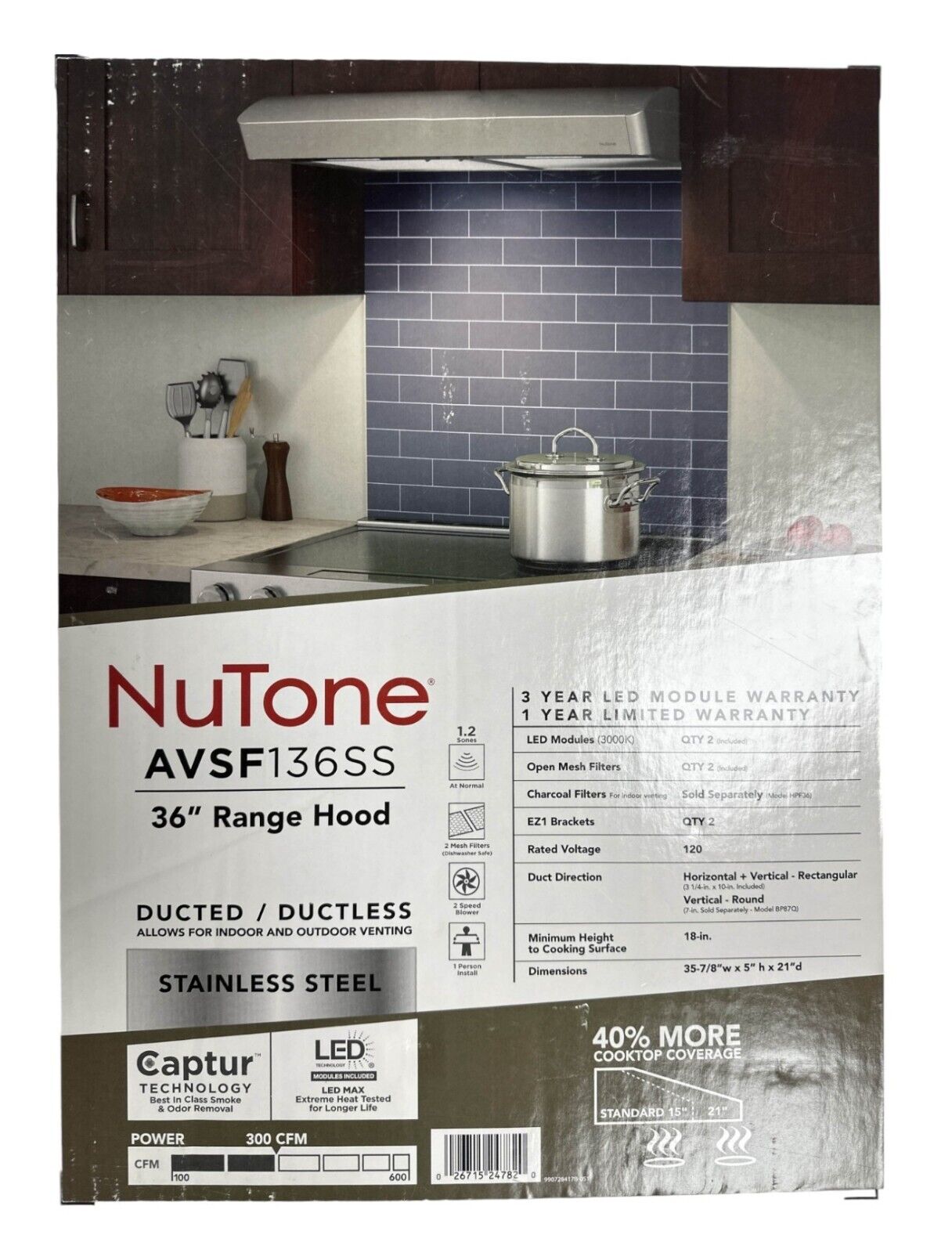 Stainless Steel NuTone AVSF136SS 36" Range Hood -OPEN BOX-