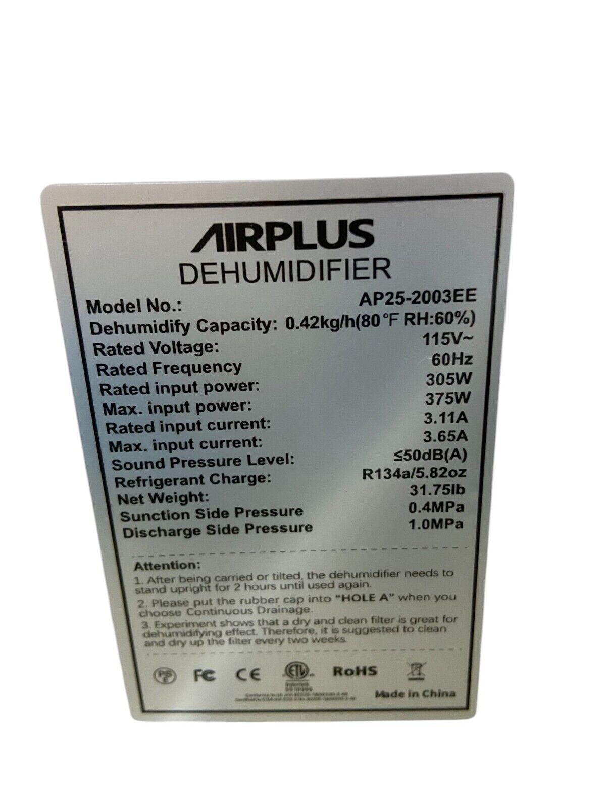 Airplus Dehumidifier AP25-2003EE (115V)