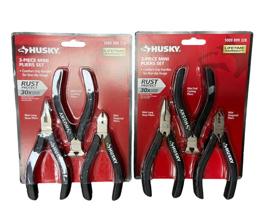 (2 Pack) Husky 3-Piece Mini Pliers Set Comfort Grip Handel Non Slip Usage - NEW