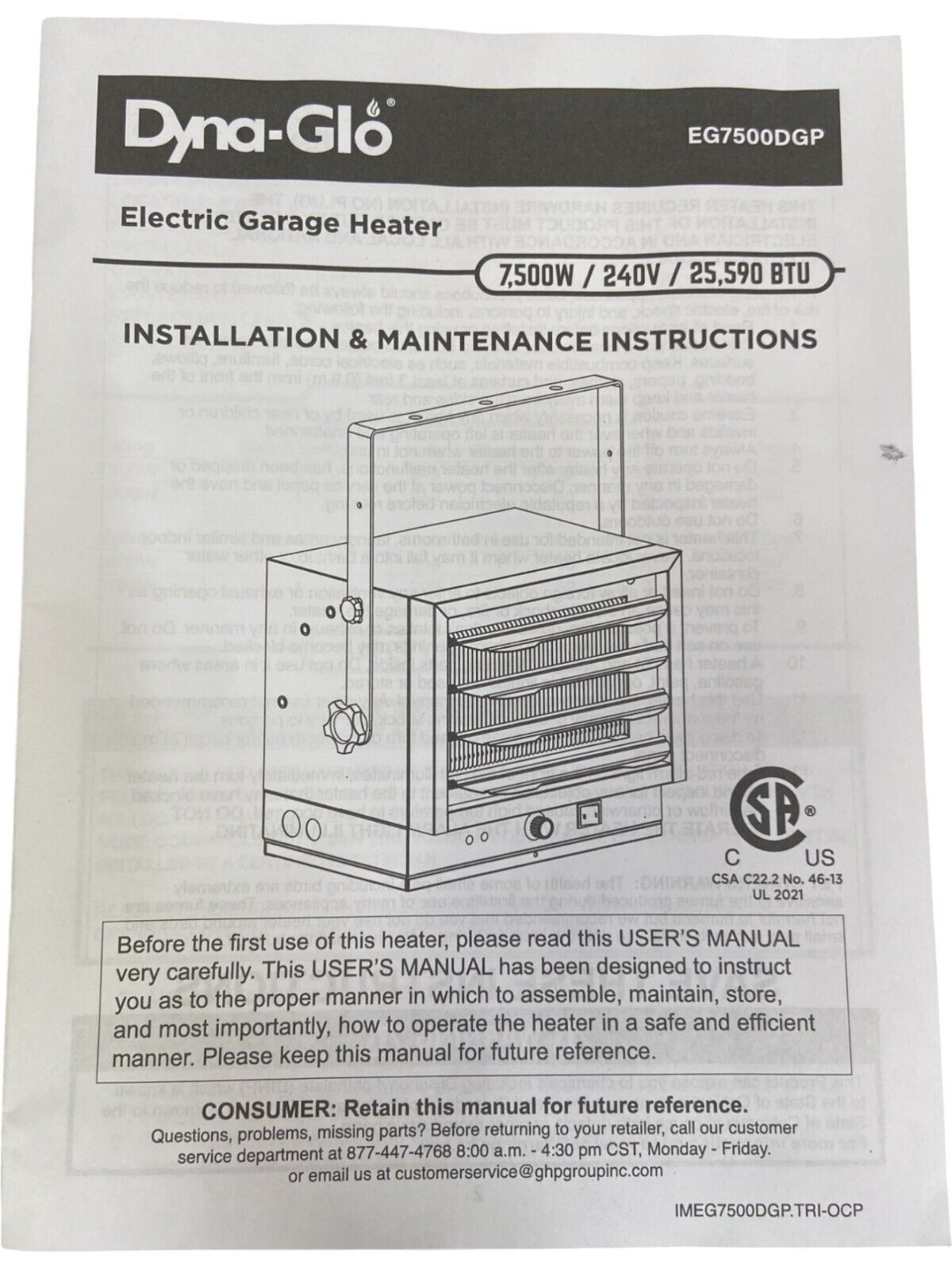 DYNA-GLO EG7500DGP 7500W 240V Electric Garage Heater