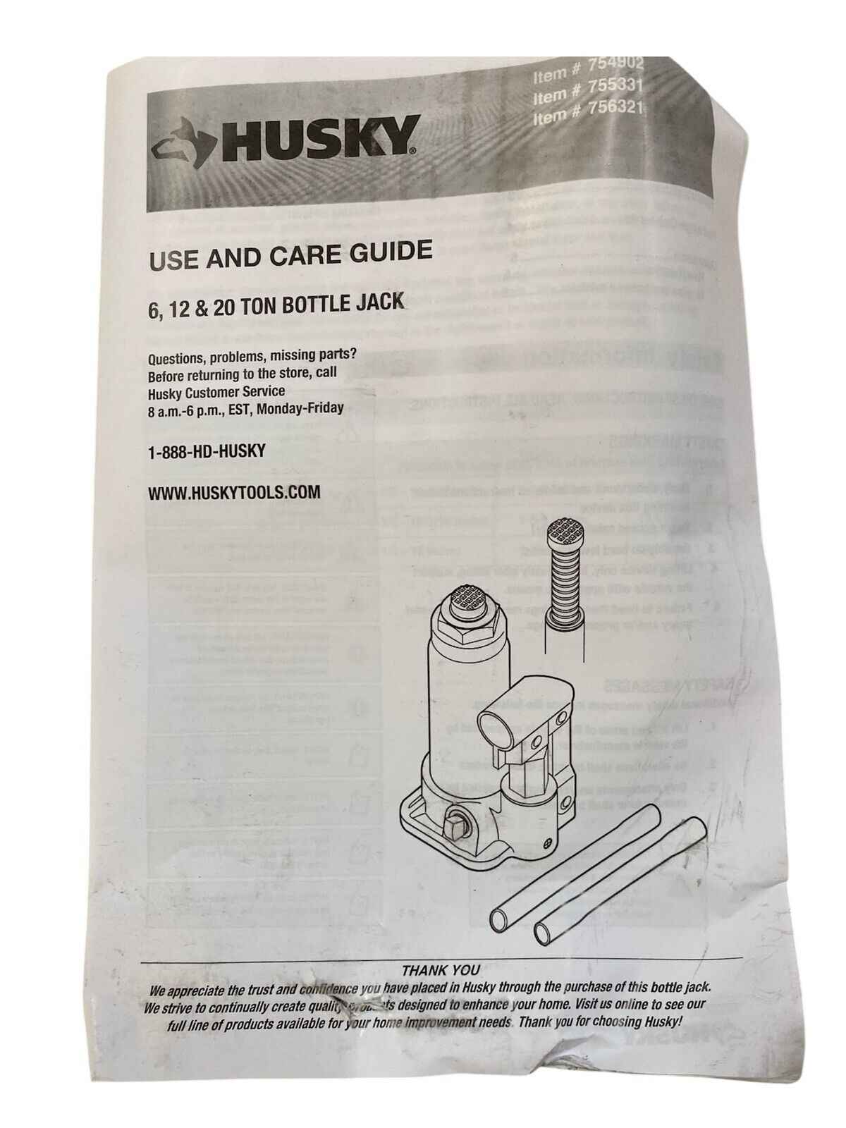 Husky 6-Ton Hydraulic Bottle Car Jack 754 902- Open Box