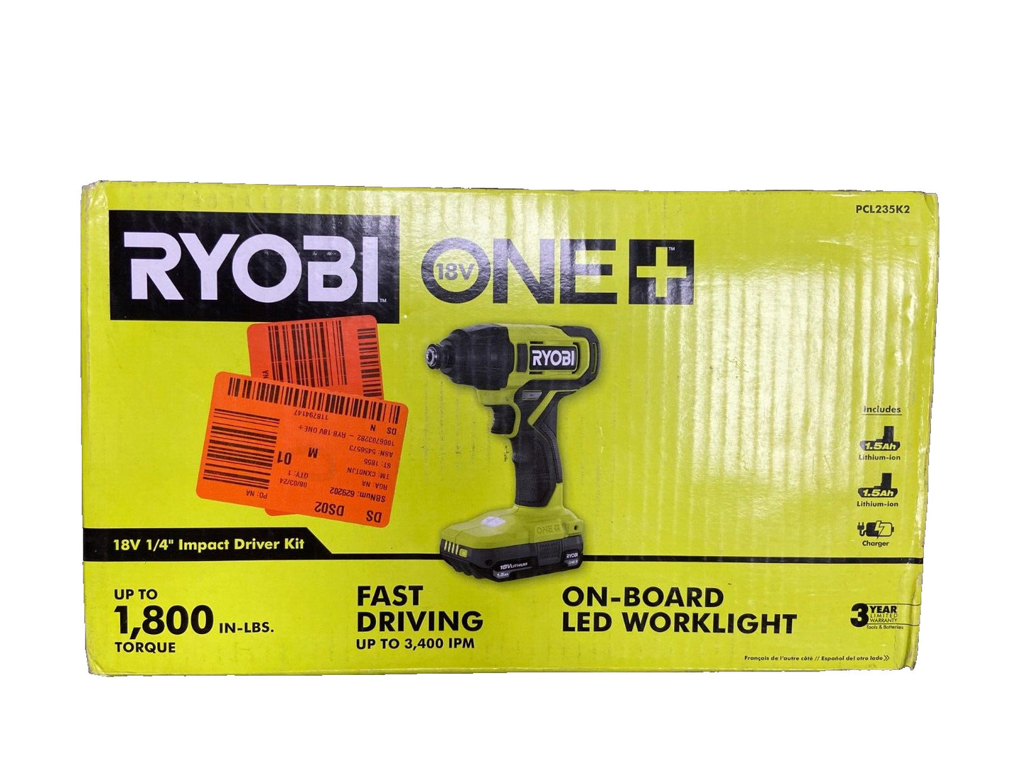 Ryobi One+ 18V 1/4 in Impact Driver Kit W/ Two 1.5 Ah Batteries Model PCL235K2