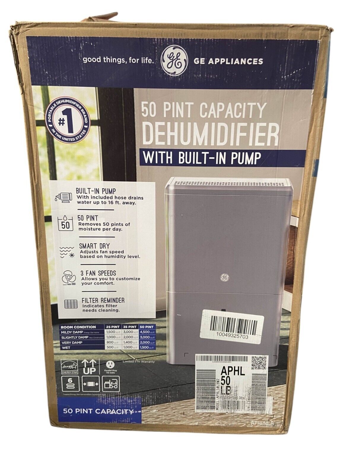 GE 50-Pint Dehumidifier with Built-in Pump APHL50LB (Missing Drain Hose)