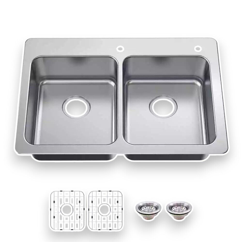 Bratten 33 in. Drop-In 50/50 Double Bowl 18 Gauge Stainless Steel Kitchen Sink