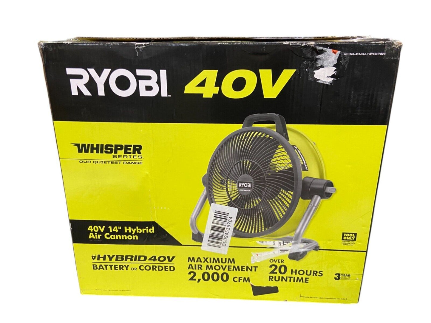 RYOBI 40V 14" Cordless Hybrid WHISPER SERIES Air Cannon Fan RY40HF02B -Tool Only