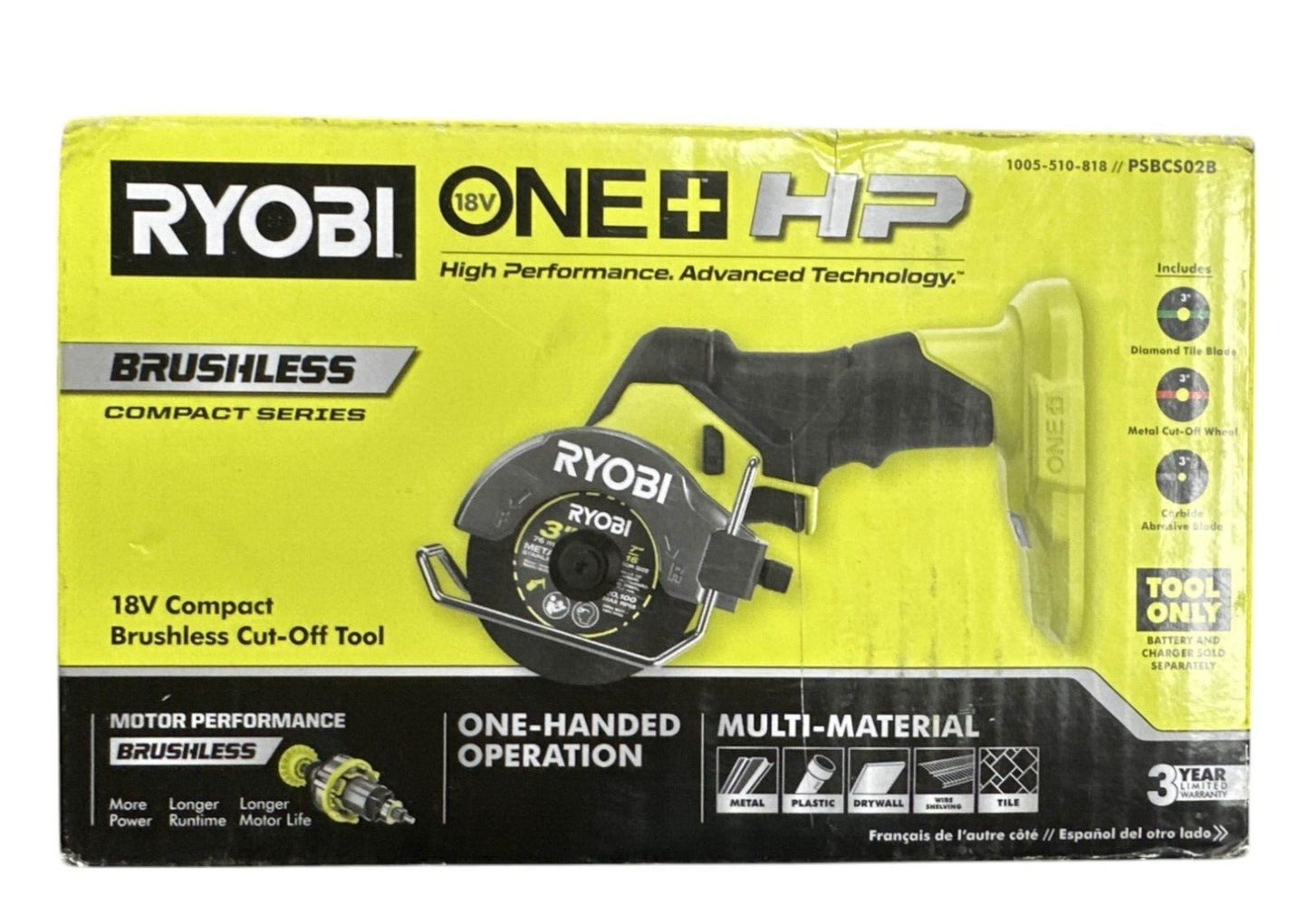 Ryobi PSBCS02 One+ HP 18V 3'' Cut-Off Tool Compact Brushless - Tool only -READ--