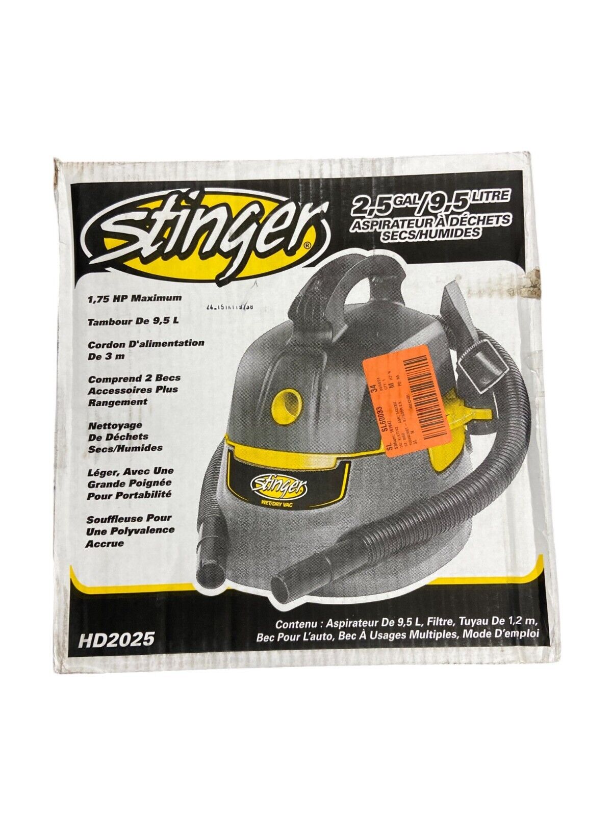 Stinger 2.5 Gallon 1.75 Peak HP Compact Wet/Dry Shop Vacuum with Filter Bag