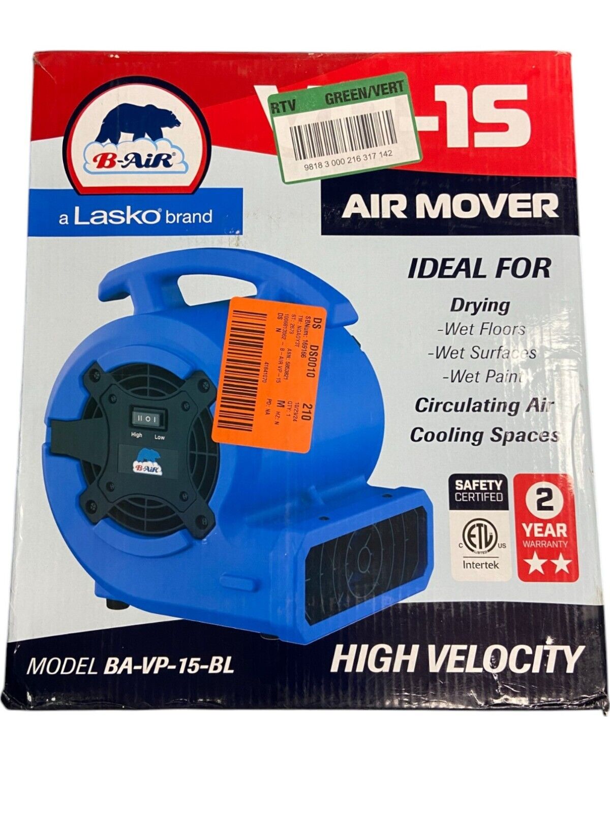 B-Air VP-15 1/8 HP Air Mover by Lasko