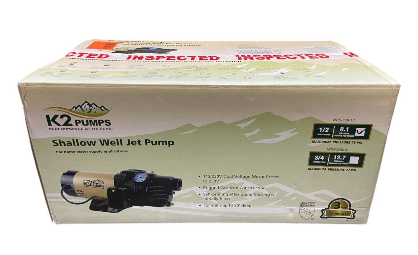 K2 Pumps Shallow Well Jet Pump 1/2 Hp Lead Free Cast Iron 115/230V