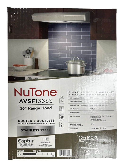 Stainless Steel NuTone AVSF136SS 36" Range Hood -USED-