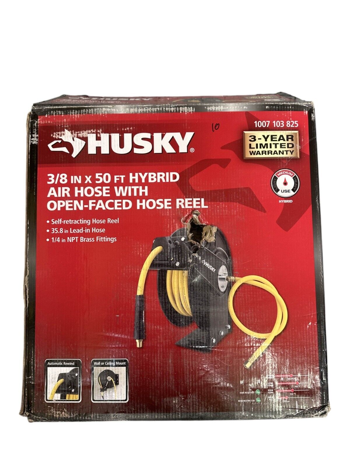 Husky Hybrid Air Hose w/ Enclosed Hose Reel -3/8" x 50' -READ- MISSING LEAD HOSE